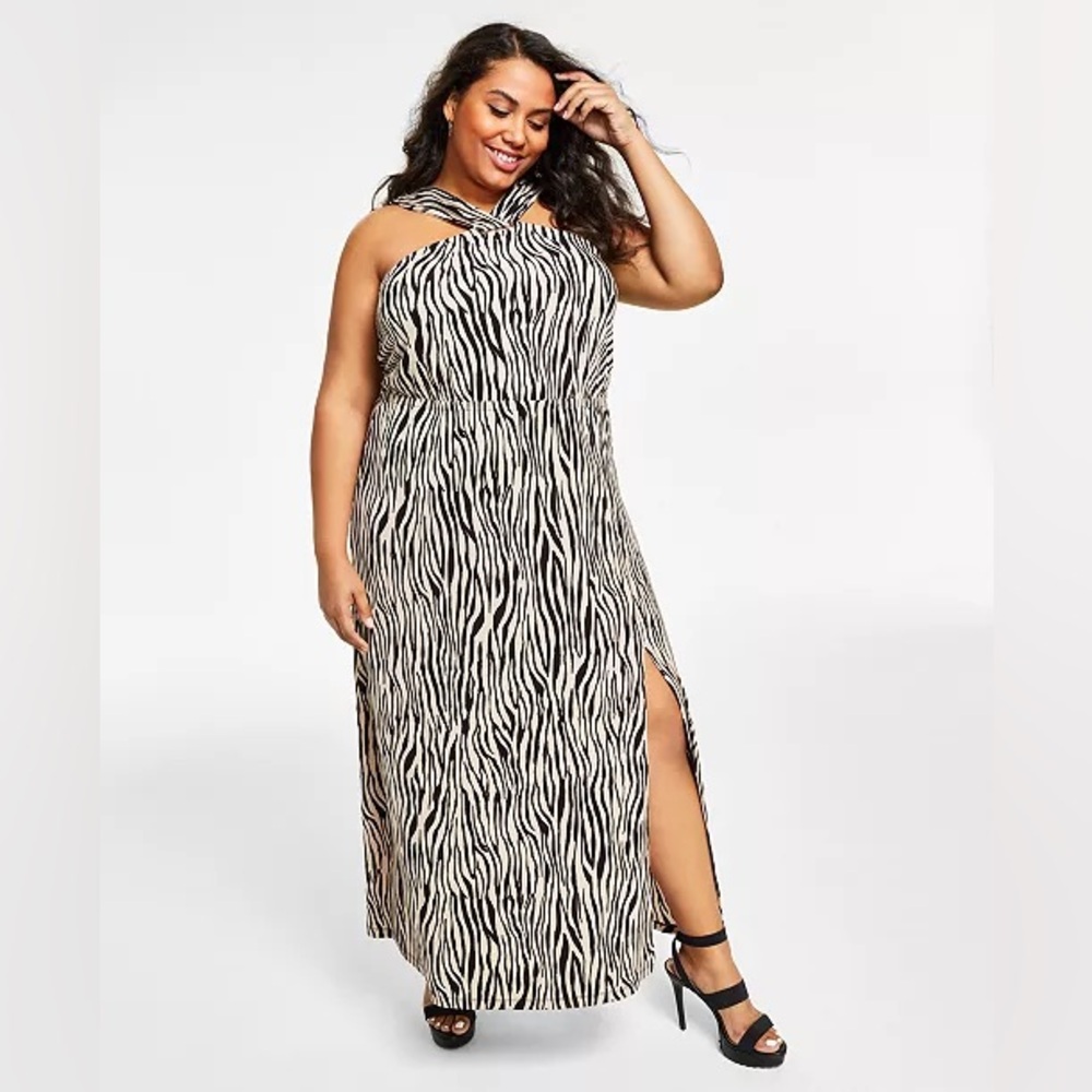 🌼I.N.C.🌼 NWT Lauren Zebra Print Halter Neck Maxi Dress, Size 1X